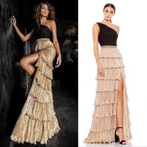 Ieena Mac Duggal One Shoulder Layered Metallic Ruffle Gown Black Gold